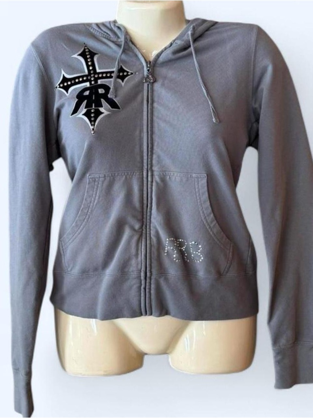 Rock & Roll Cowgirl Gray Rhinestone Cross Hoodie